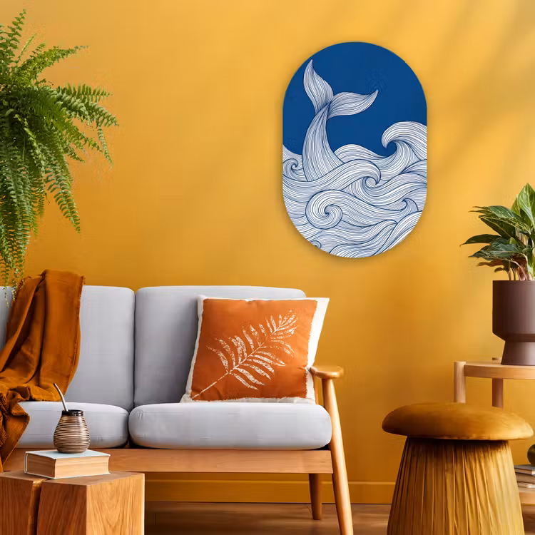 Walvis - Staart - Golven - Lijntekening - Blauw Wandcirkel Ovaal Forex klein -sfeer4