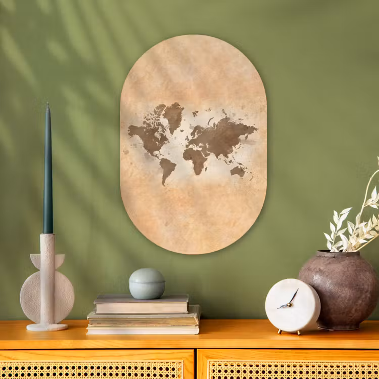 Wereldkaart - Beige - Bruin Wandcirkel Ovaal Forex klein -sfeer2