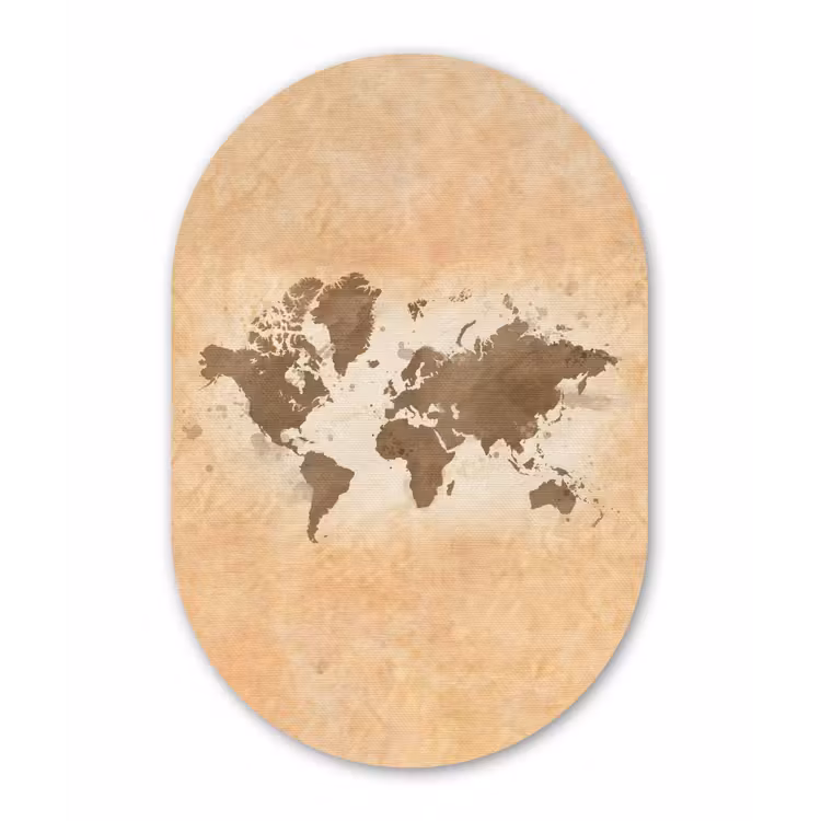 Wereldkaart - Beige - Bruin Wandcirkel Ovaal Forex klein -3d