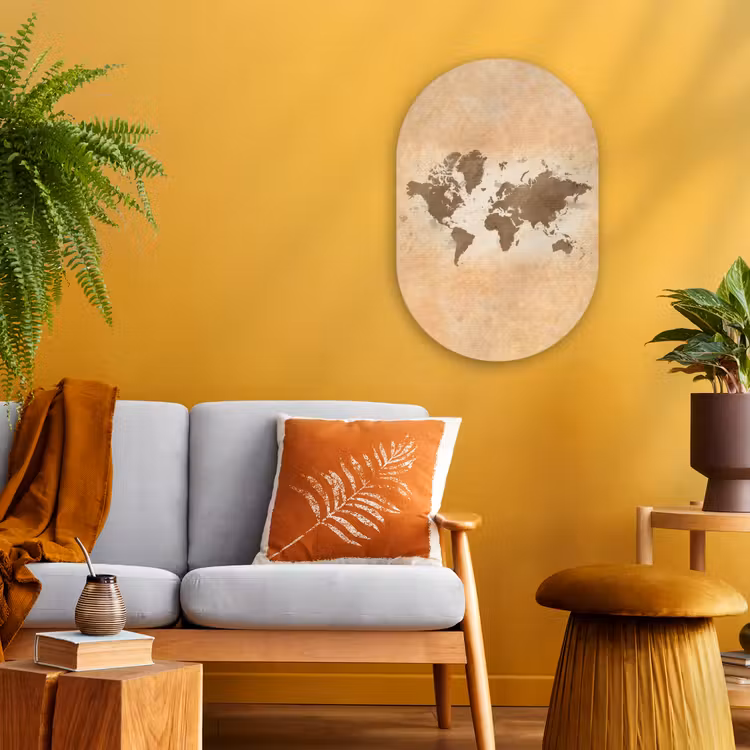 Wereldkaart - Beige - Bruin Wandcirkel Ovaal Forex klein -sfeer4