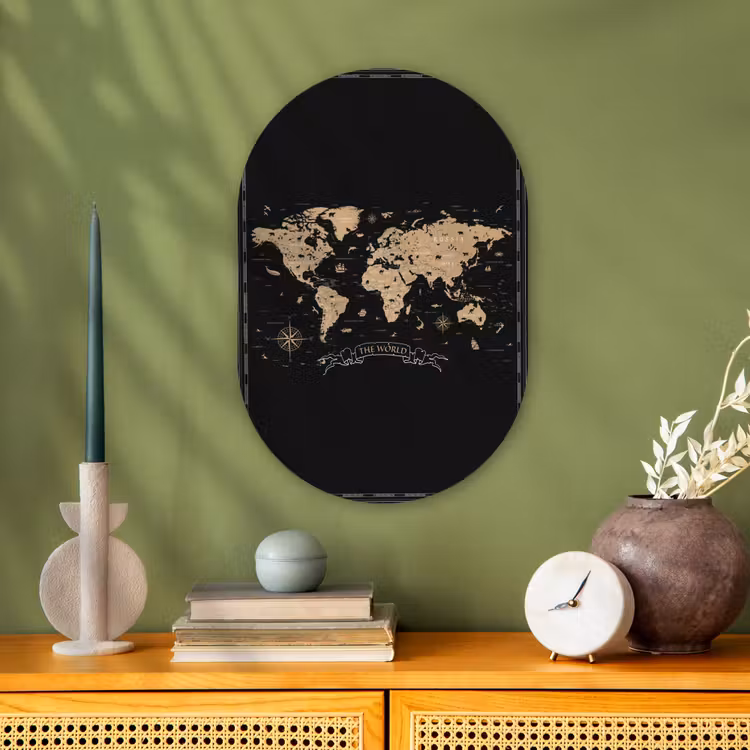 Wereldkaart - Beige - Zwart Wandcirkel Ovaal Forex klein -sfeer2