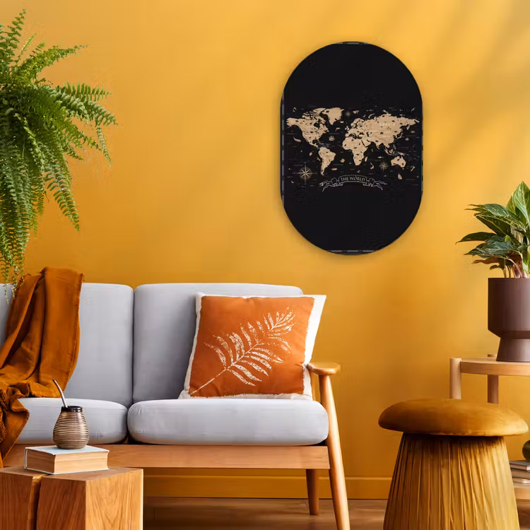 Wereldkaart - Beige - Zwart Wandcirkel Ovaal Forex klein -sfeer4