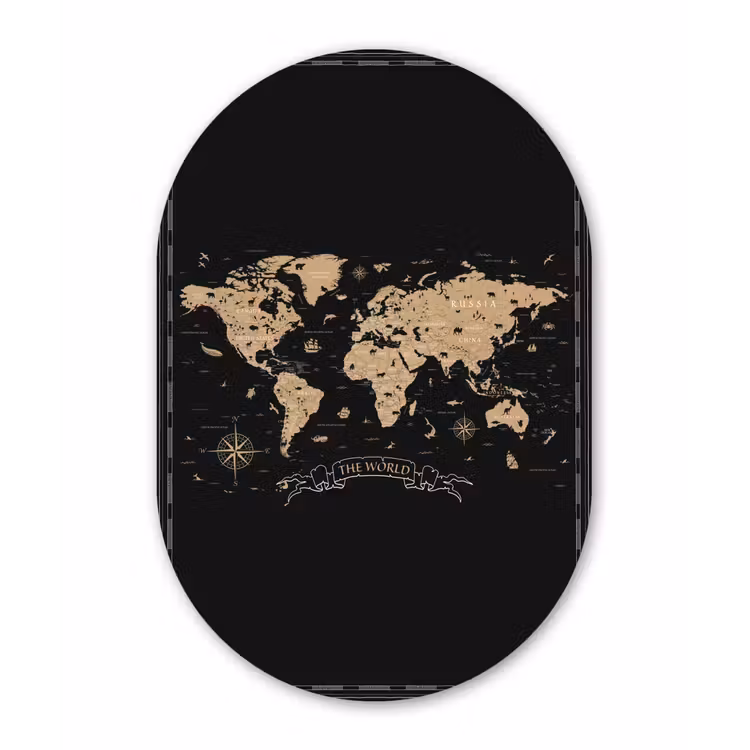 Wereldkaart - Beige - Zwart Wandcirkel Ovaal Forex klein -3d