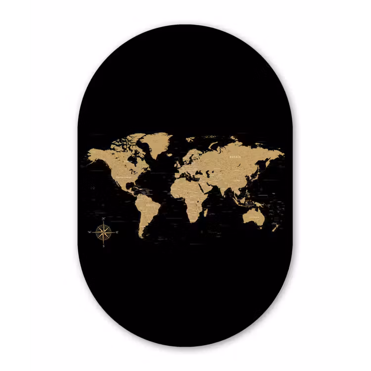 Wereldkaart - Beige - Zwart Wandcirkel Ovaal Forex klein -3d