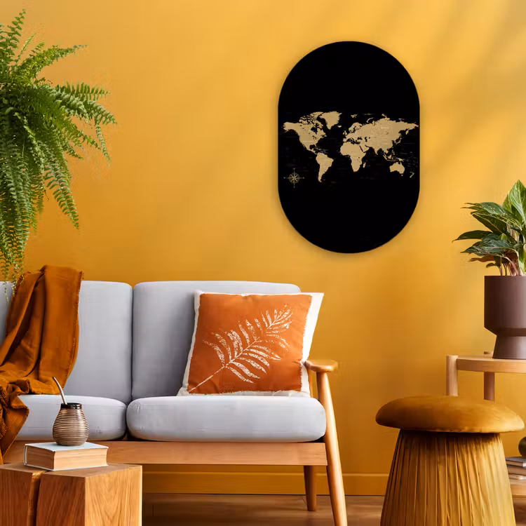 Wereldkaart - Beige - Zwart Wandcirkel Ovaal Forex klein -sfeer4