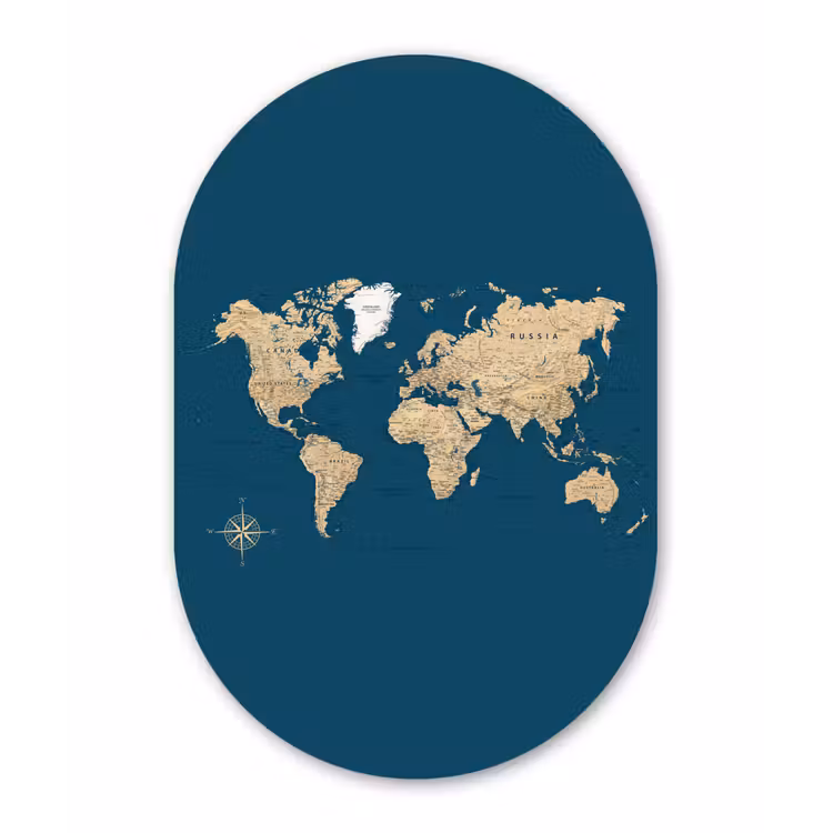 Wereldkaart - Donkerblauw - Beige Wandcirkel Ovaal Forex klein -3d
