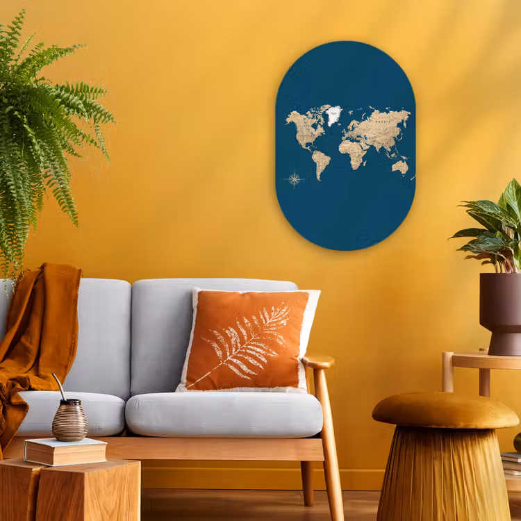 Wereldkaart - Donkerblauw - Beige Wandcirkel Ovaal Forex klein -sfeer4
