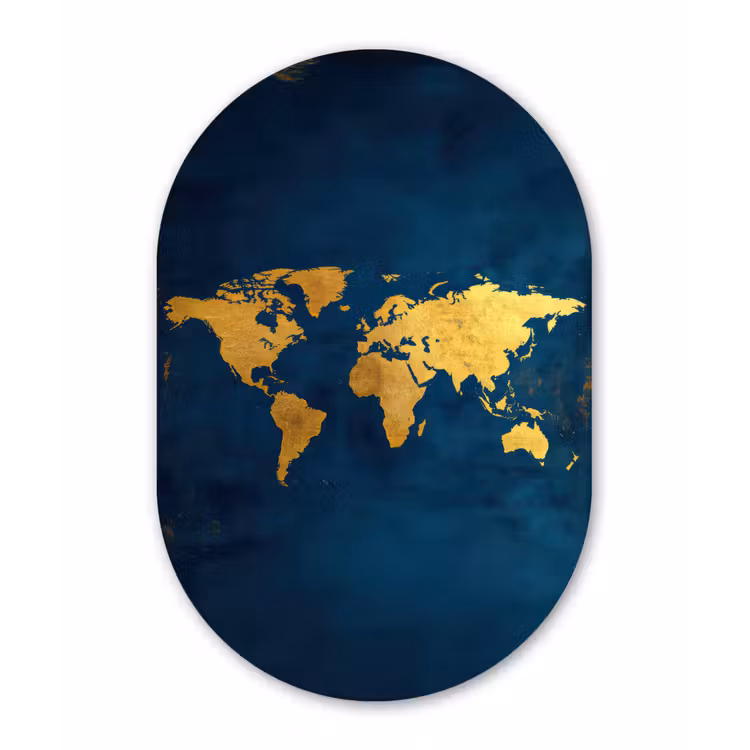 Wereldkaart - Goud - Donkerblauw Wandcirkel Ovaal Forex klein -3d
