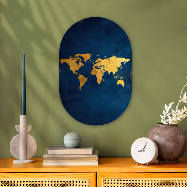Wereldkaart - Goud - Donkerblauw Wandcirkel Ovaal Forex klein -sfeer2