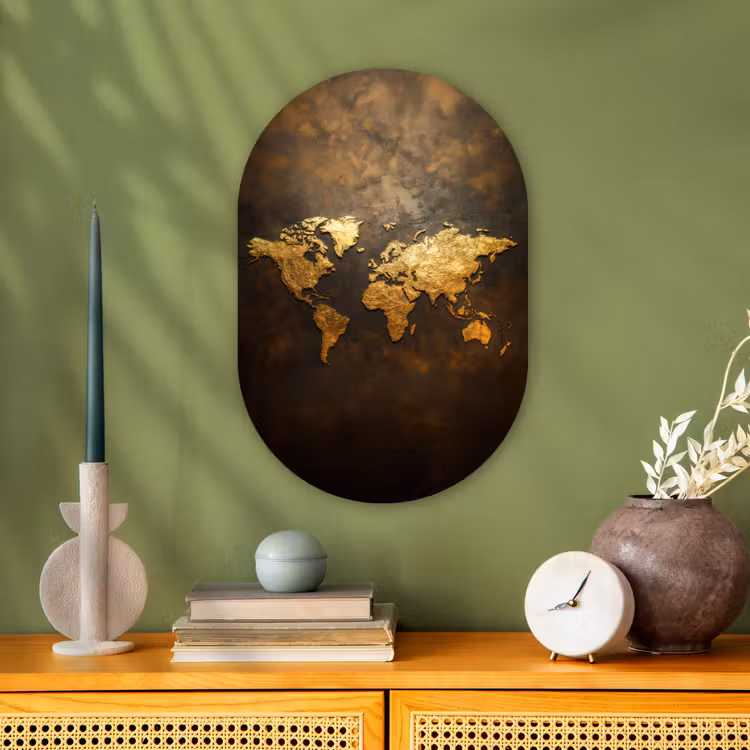Wereldkaart - Goud - Roest Wandcirkel Ovaal Forex klein -sfeer2