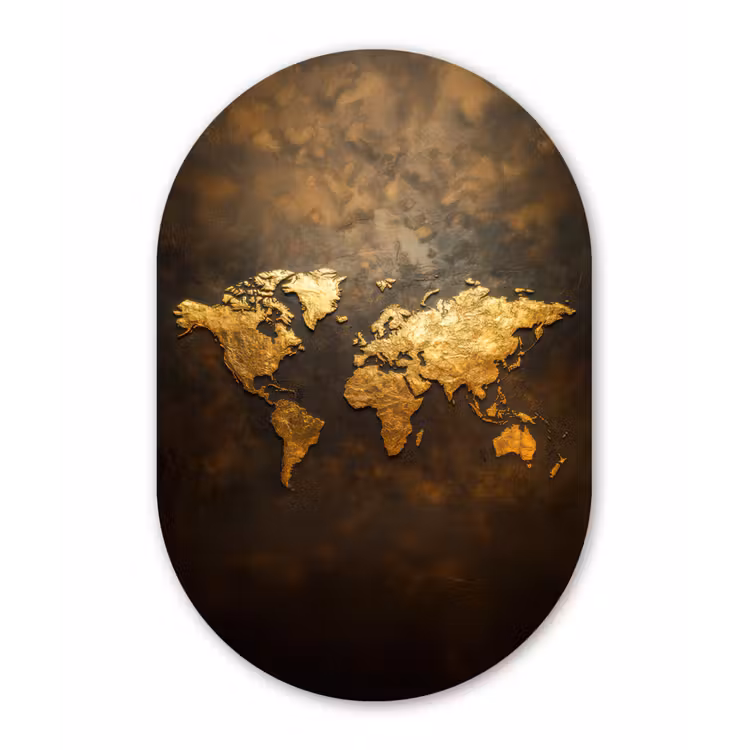Wereldkaart - Goud - Roest Wandcirkel Ovaal Forex klein -3d