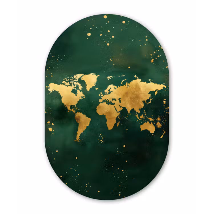 Wereldkaart - Groen - Goud Wandcirkel Ovaal Forex klein -3d