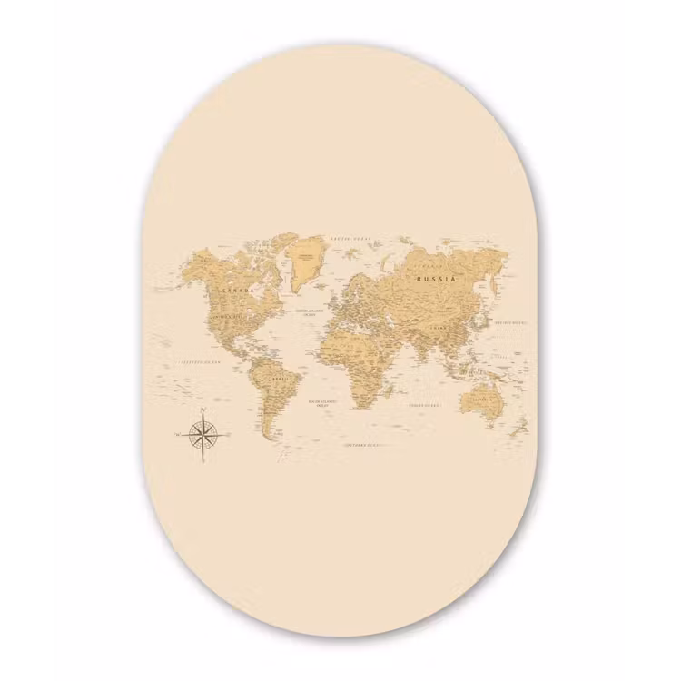 Wereldkaart - Realistisch - Beige Wandcirkel Ovaal Forex klein -3d