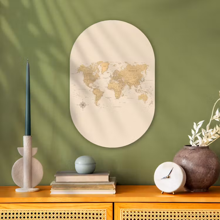 Wereldkaart - Realistisch - Beige Wandcirkel Ovaal Forex klein -sfeer2