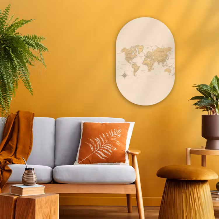 Wereldkaart - Realistisch - Beige Wandcirkel Ovaal Forex klein -sfeer4