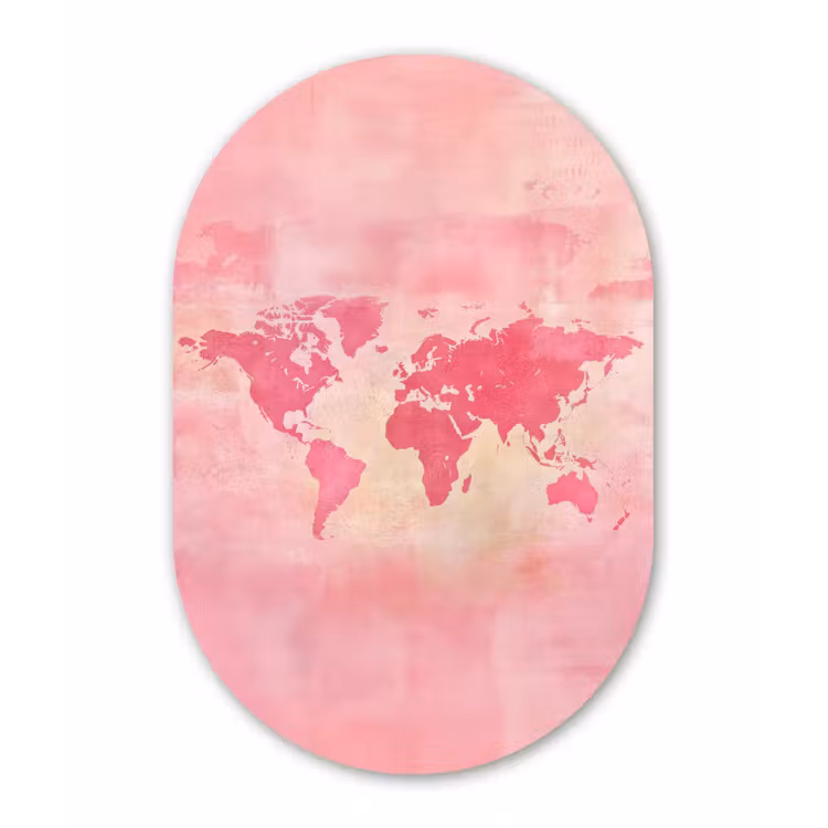 Wereldkaart - Roze - Vaag Wandcirkel Ovaal Forex klein -3d
