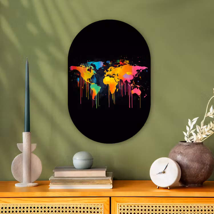 Wereldkaart - Verf - Kleurrijk - Graffiti - Wereld Wandcirkel Ovaal Forex klein -sfeer2