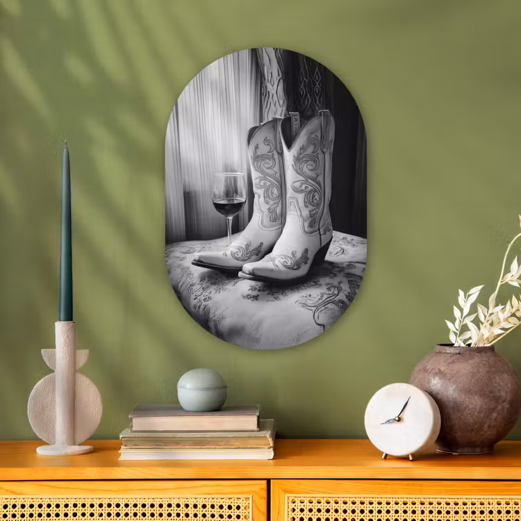 Wijn - Cowboylaarzen - Raamlicht - Wit Wandcirkel Ovaal Forex klein -sfeer2