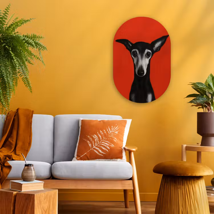 Windhond - Minimalistisch - Rood Wandcirkel Ovaal Forex klein -sfeer4