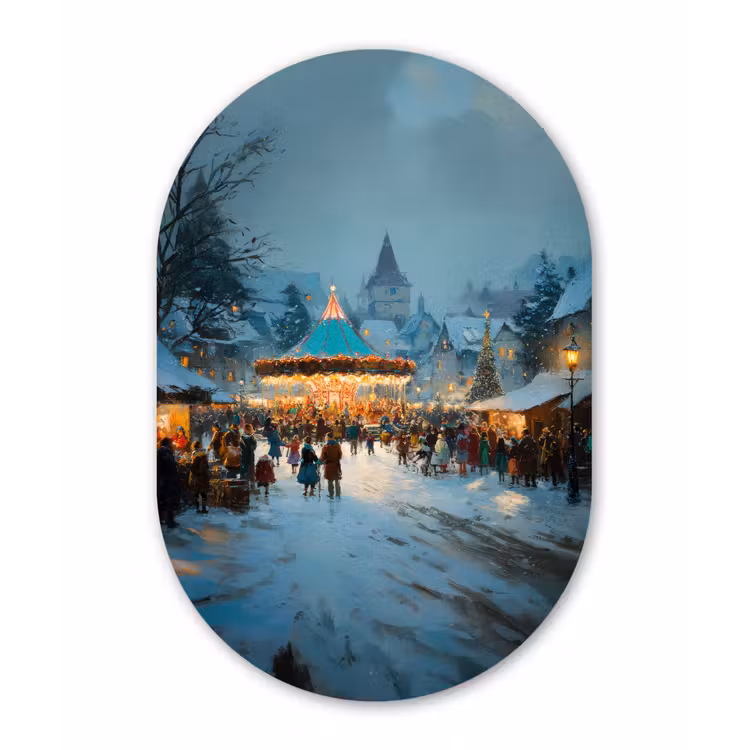 Winterkermis - Dorp - Kleurrijk Wandcirkel Ovaal Forex klein -3d