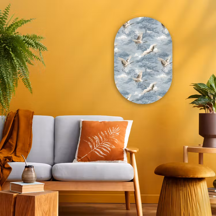 Wolken - Kraanvogels - Blauw Wandcirkel Ovaal Forex klein 630 -sfeer4