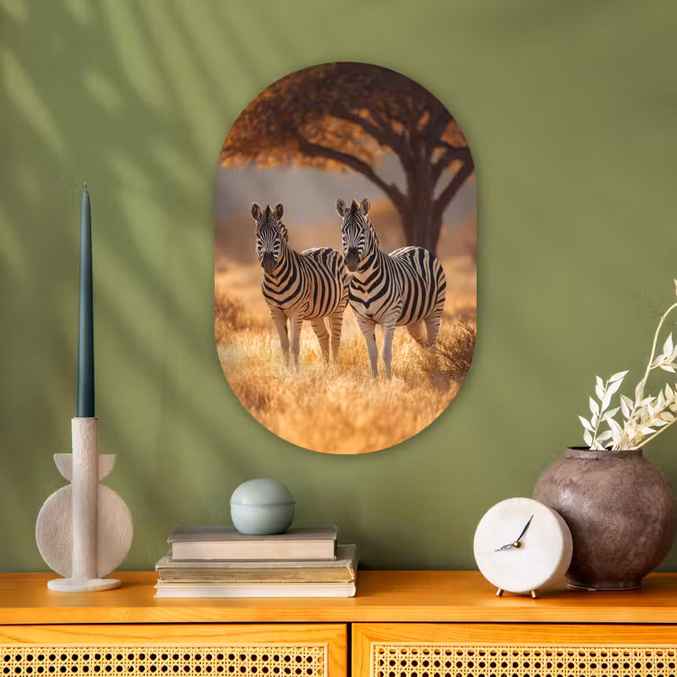 Zebra's - Savannelandschap - Gras Wandcirkel Ovaal Forex klein -sfeer2
