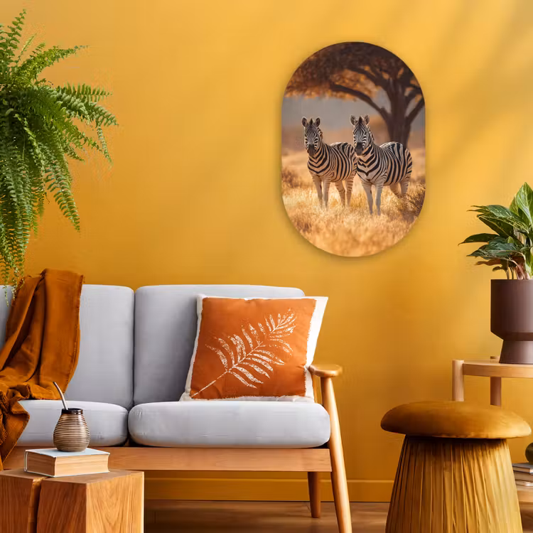 Zebra's - Savannelandschap - Gras Wandcirkel Ovaal Forex klein -sfeer4