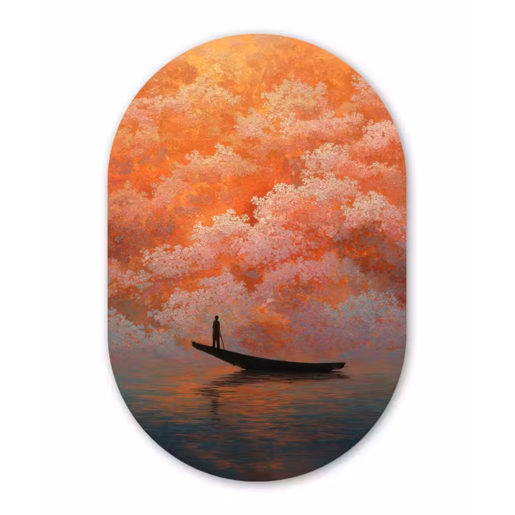 Zee - Boot - Wolken - Oranje Wandcirkel Ovaal Forex klein -3d