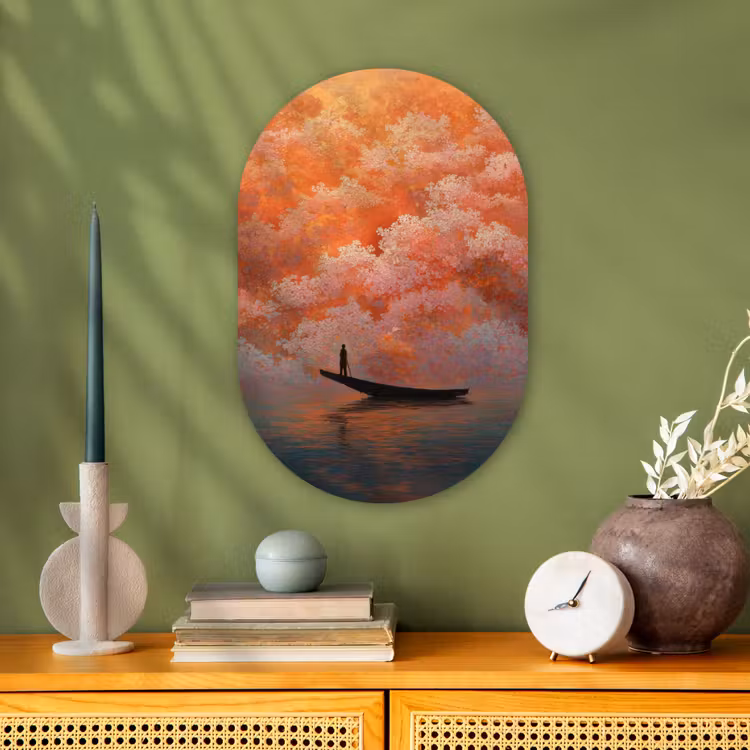 Zee - Boot - Wolken - Oranje Wandcirkel Ovaal Forex klein -sfeer2
