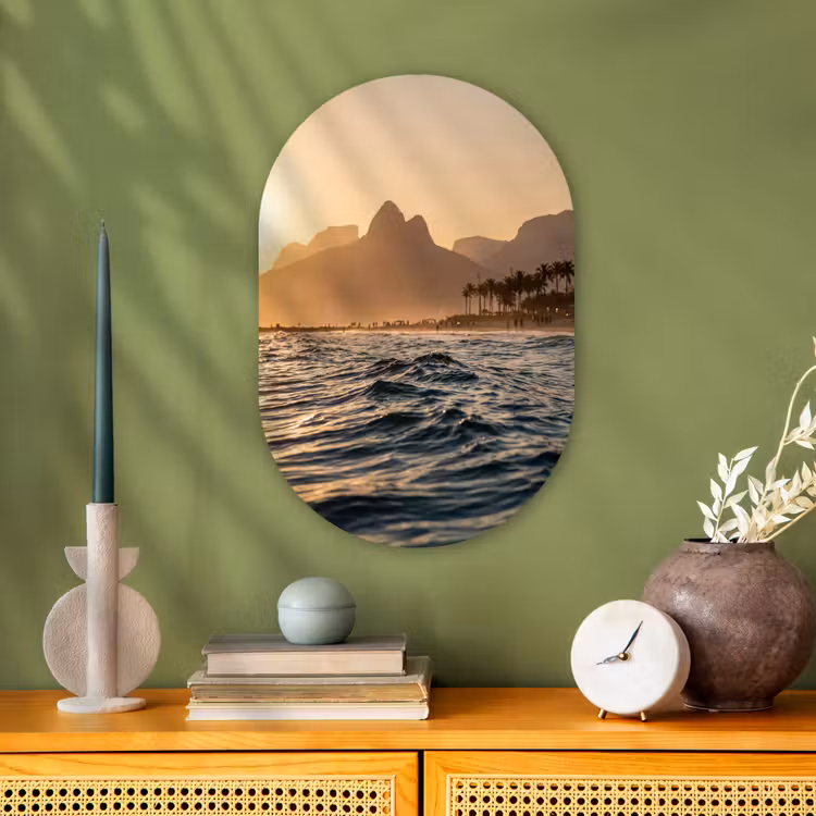 Zee - Golven - Zonsondergang - Kust - Goud Wandcirkel Ovaal Forex klein -sfeer2