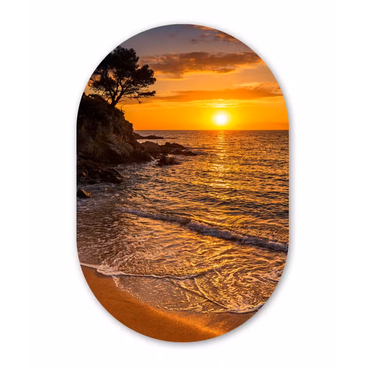 Zee - Kust - Zonsondergang - Natuur - Oranje Wandcirkel Ovaal Forex klein -3d