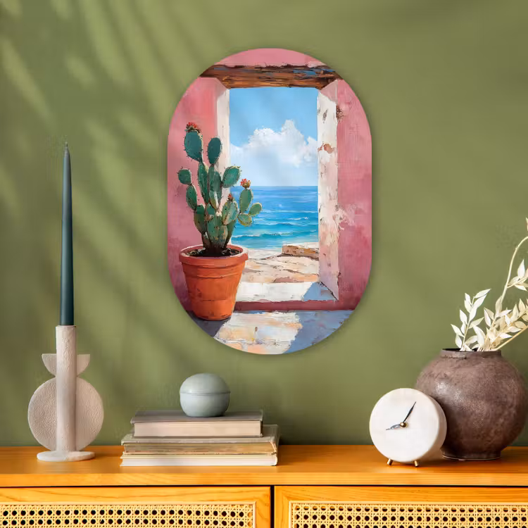 Zee - Roze - Cactus Wandcirkel Ovaal Forex klein -sfeer2