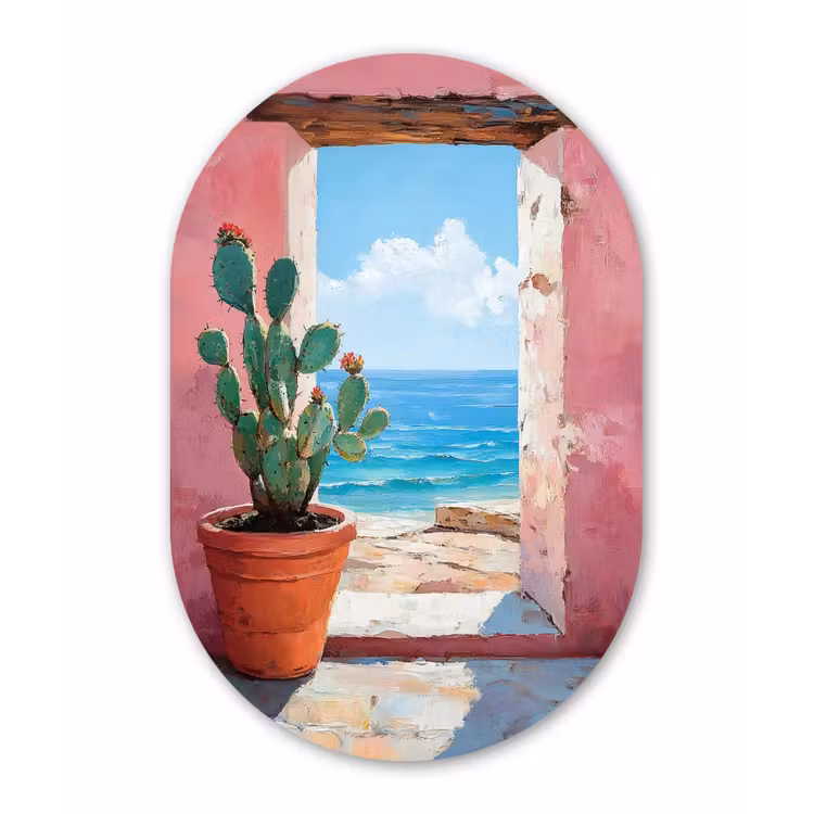 Zee - Roze - Cactus Wandcirkel Ovaal Forex klein -3d
