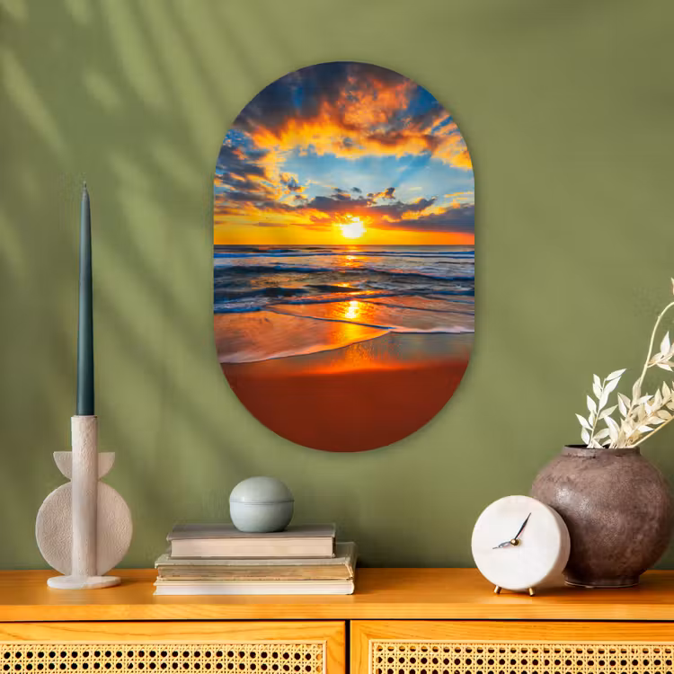 Zee - Zonsondergang - Strand - Wolken - Oranje Wandcirkel Ovaal Forex klein -sfeer2