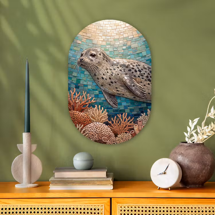 Zeehond - Mozaïek - Onderwater - Dieren - Blauw Wandcirkel Ovaal Forex klein -sfeer2