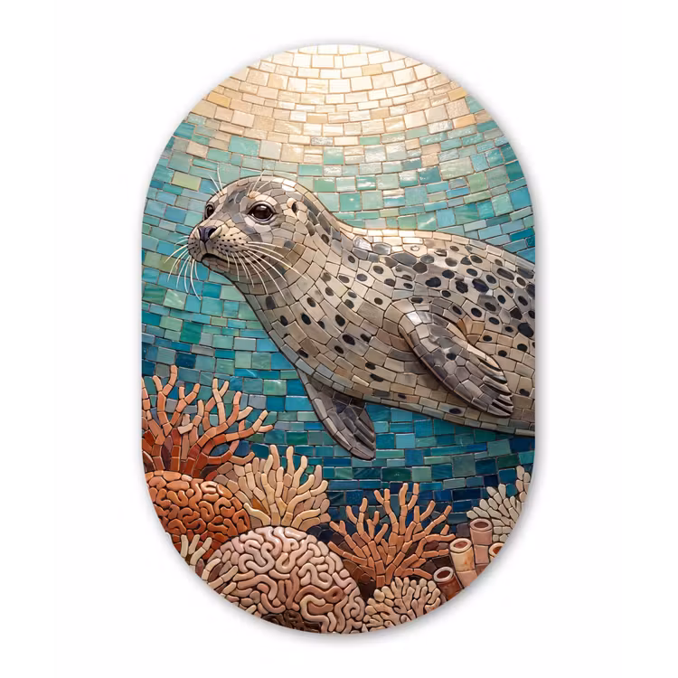 Zeehond - Mozaïek - Onderwater - Dieren - Blauw Wandcirkel Ovaal Forex klein -3d