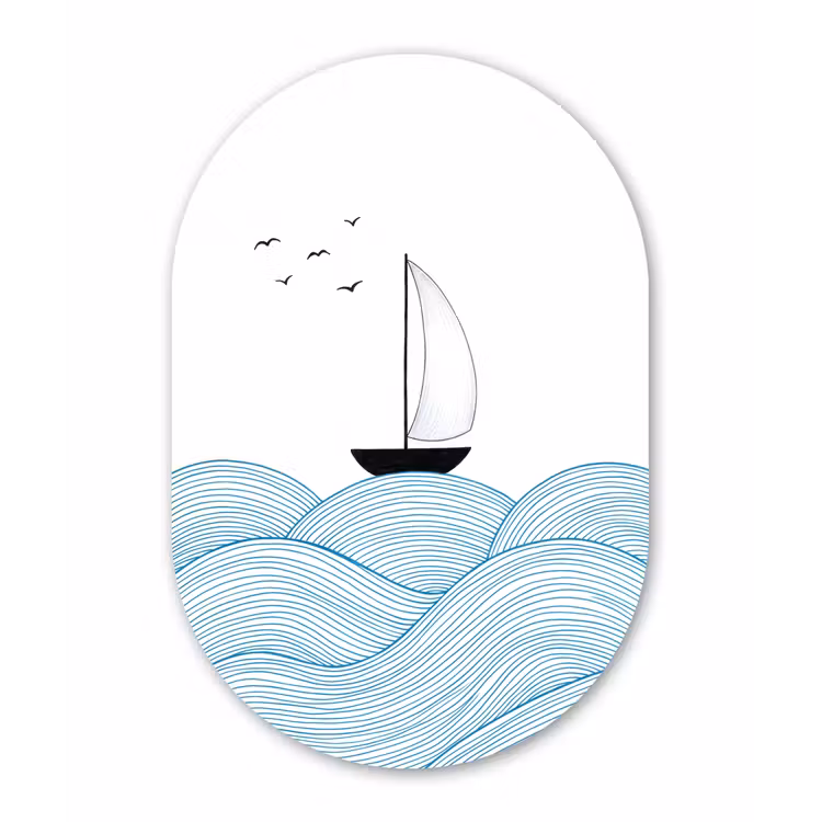 Zeilboot - Golven - Zee - Illustratie - Blauw Wandcirkel Ovaal Forex klein -3d