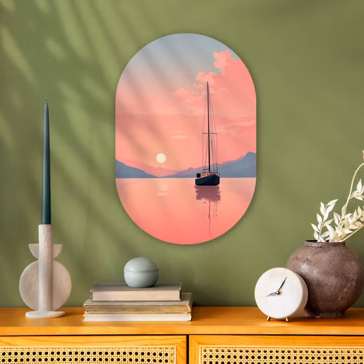 Zeilboot - Roze zee - Zonsondergang - Bergen Wandcirkel Ovaal Forex klein -sfeer2