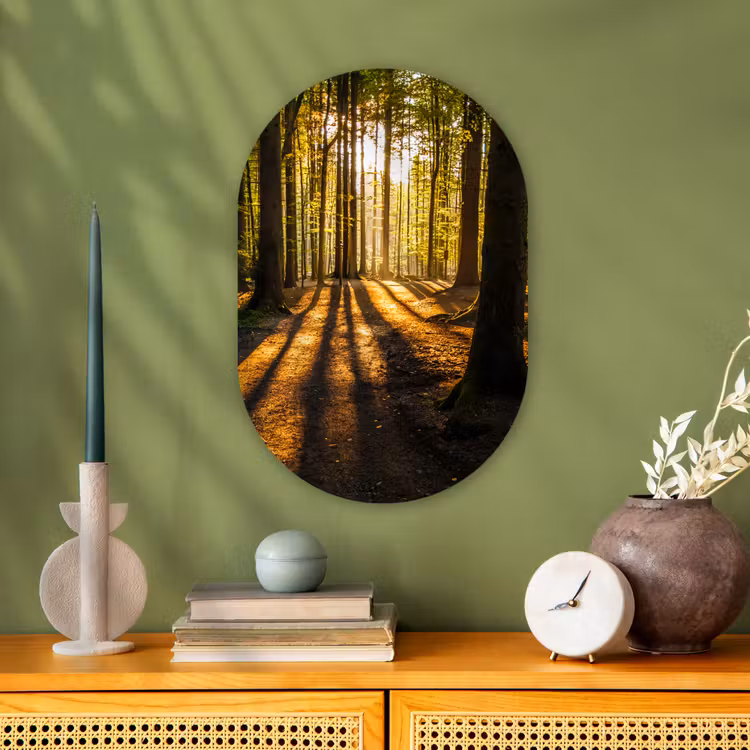 Zon - Bomen - Bos - Landschap - Natuur Wandcirkel Ovaal Forex klein -sfeer2
