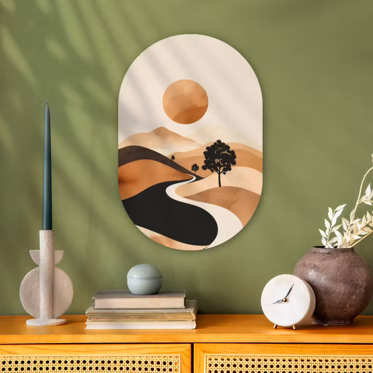 Zon - Heuvels - Boom - Abstract Wandcirkel Ovaal Forex klein -sfeer2