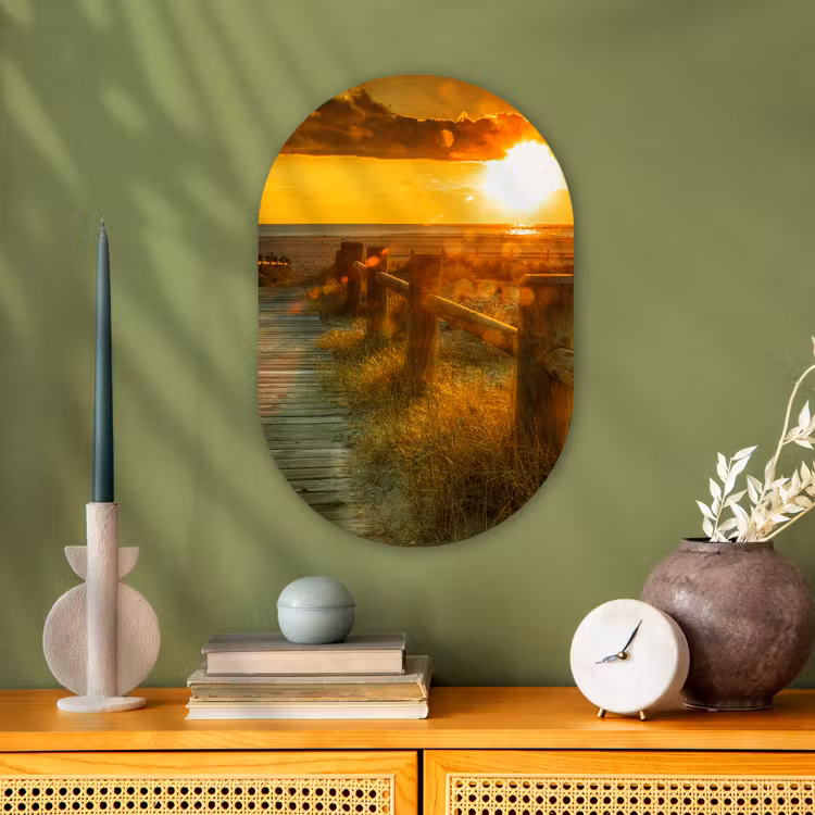 Zon - Strand - Duin - Horizon - Gras - Pad - Oranje Wandcirkel Ovaal Forex klein -sfeer2