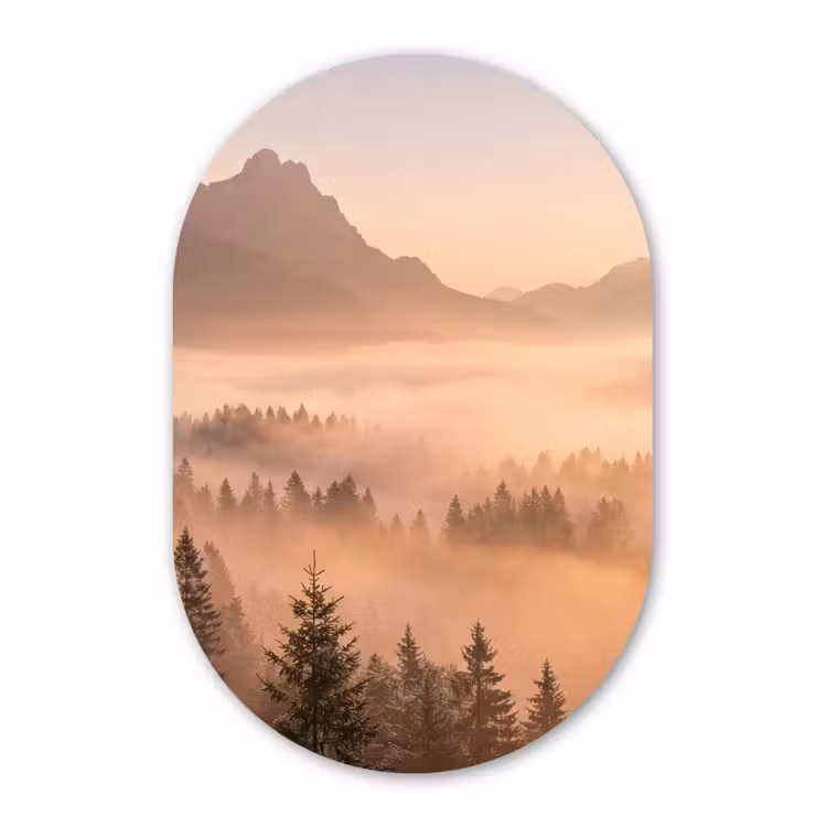 Zonlicht - Mist - Bergen - Bomen Wandcirkel Ovaal Forex klein -3d