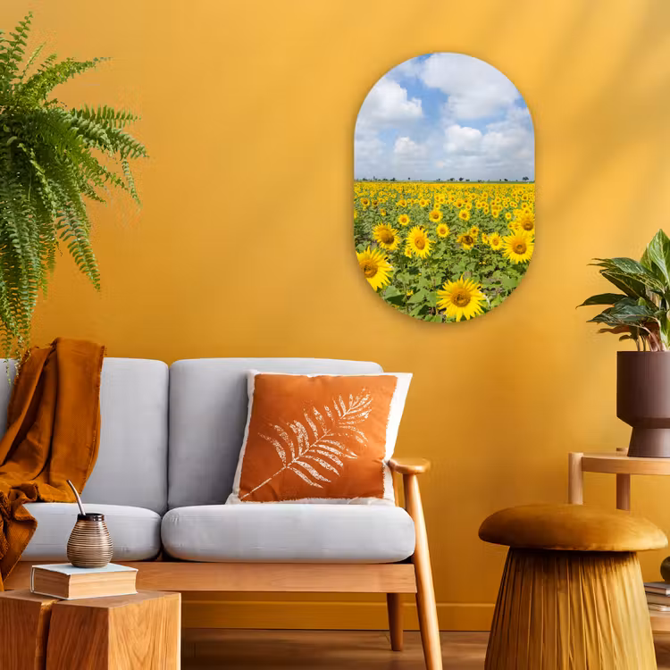 Zonnebloemen - Wolken - Natuur Wandcirkel Ovaal Forex klein -sfeer4