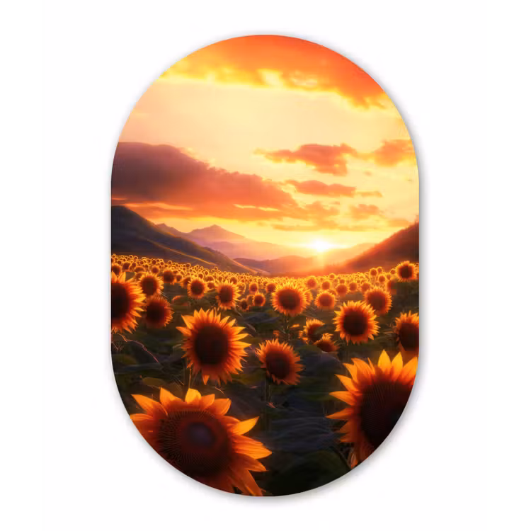 Zonnebloemen - Zonsondergang - Landschap Wandcirkel Ovaal Forex klein -3d