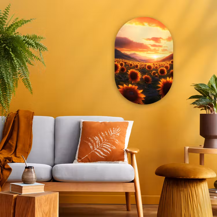 Zonnebloemen - Zonsondergang - Landschap Wandcirkel Ovaal Forex klein -sfeer4