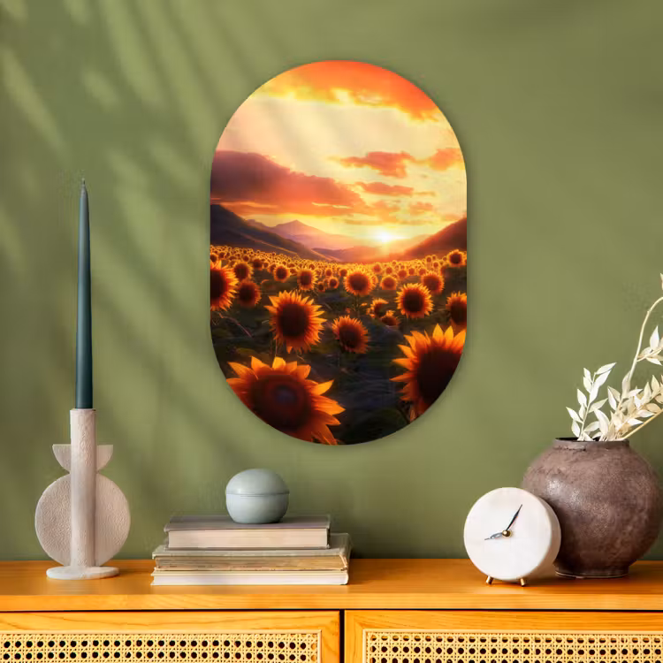 Zonnebloemen - Zonsondergang - Landschap Wandcirkel Ovaal Forex klein -sfeer2