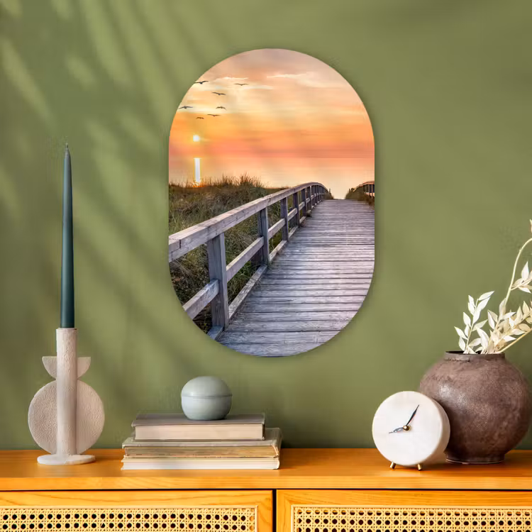 Zonsonderang - Zee - Pad - Gras - Duin - Vogels Wandcirkel Ovaal Forex klein -sfeer2