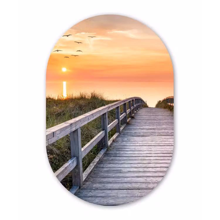 Zonsonderang - Zee - Pad - Gras - Duin - Vogels Wandcirkel Ovaal Forex klein -3d