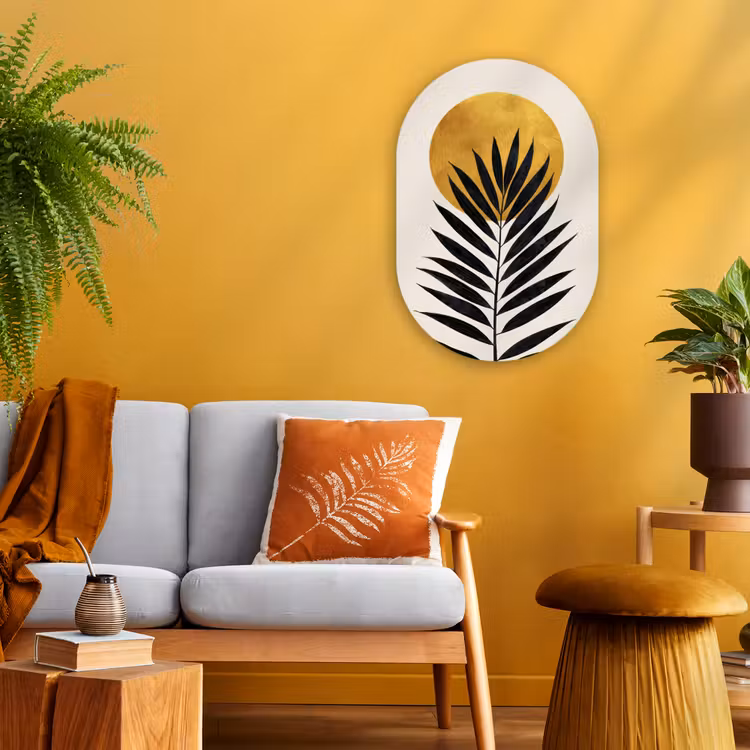 Zwart palmblad - Gouden cirkel - Beige achtergrond Wandcirkel Ovaal Forex klein -sfeer4