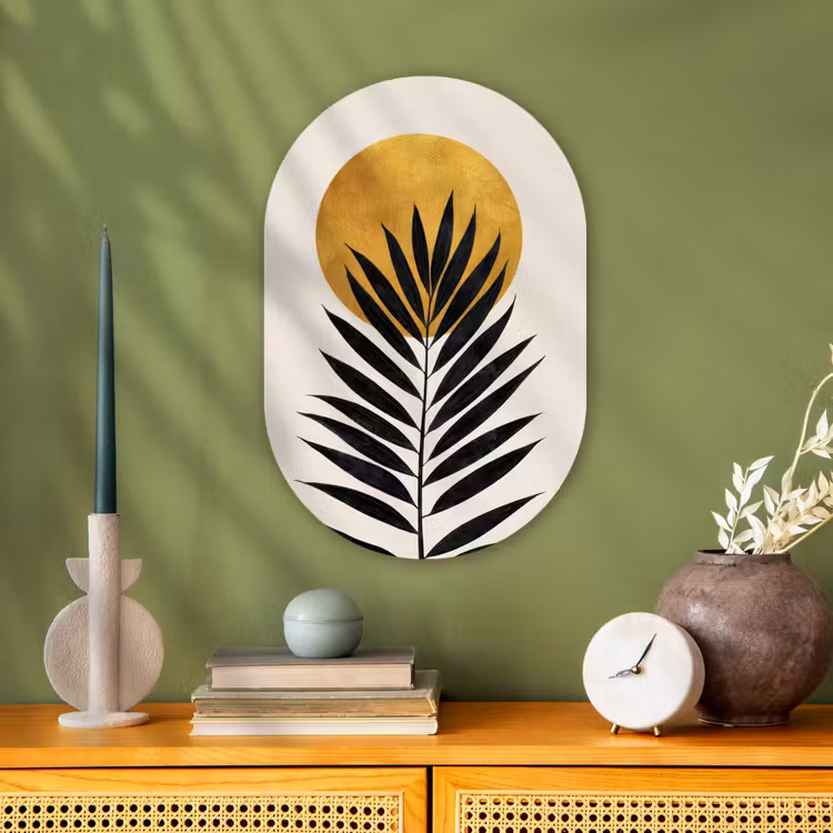 Zwart palmblad - Gouden cirkel - Beige achtergrond Wandcirkel Ovaal Forex klein -sfeer2
